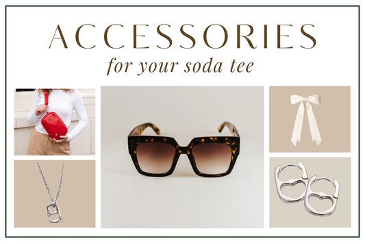 round up of accessories that complement a simple t-shirt. soda tab necklace, soda tab earrings, sunglasses, hair bow, and crossbody purse.